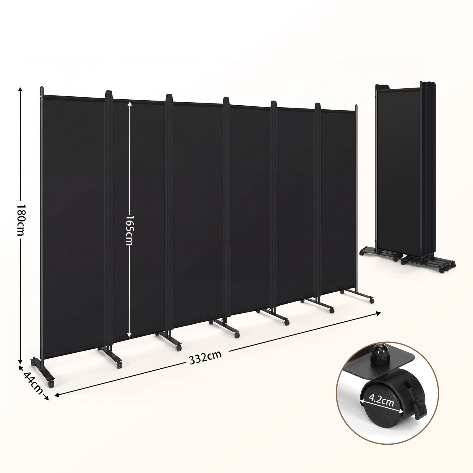 Privacy Wall Screen Divider 6 Panel Folding Office Partition Large Room Separator Mobile Freestanding Portable Black Fabric Shield Lockable Wheels