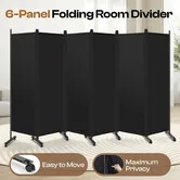 Privacy Wall Screen Divider 6 Panel Folding Office Partition Large Room Separator Mobile Freestanding Portable Black Fabric Shield Lockable Wheels