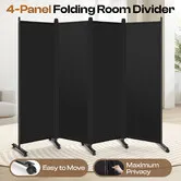 Folding Room Divider with Wheels 4 Panel Portable Privacy Screen Fabric Office Partition Wall Separator Mobile Freestanding Home Lounge Studio Black