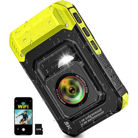 5K 33FT Underwater Camera 96MP Autofocus Waterproof Digital Camera,5FT Shockproof 16X Zoom 60 Filters,Compact Point and Shoot Camera,Yellow