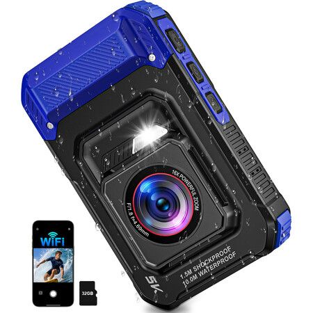 5K 33FT Underwater Camera 96MP Autofocus Waterproof Digital Camera,5FT Shockproof 16X Zoom 60 Filters,Compact Point and Shoot Camera,Blue
