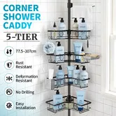 Corner Shower Caddy Tension Pole 5-Tier Adjustable 77.5-307cm Telescopic Bathroom Shelves Storage Rack Organiser Rustproof No-Drill Shampoo Holders