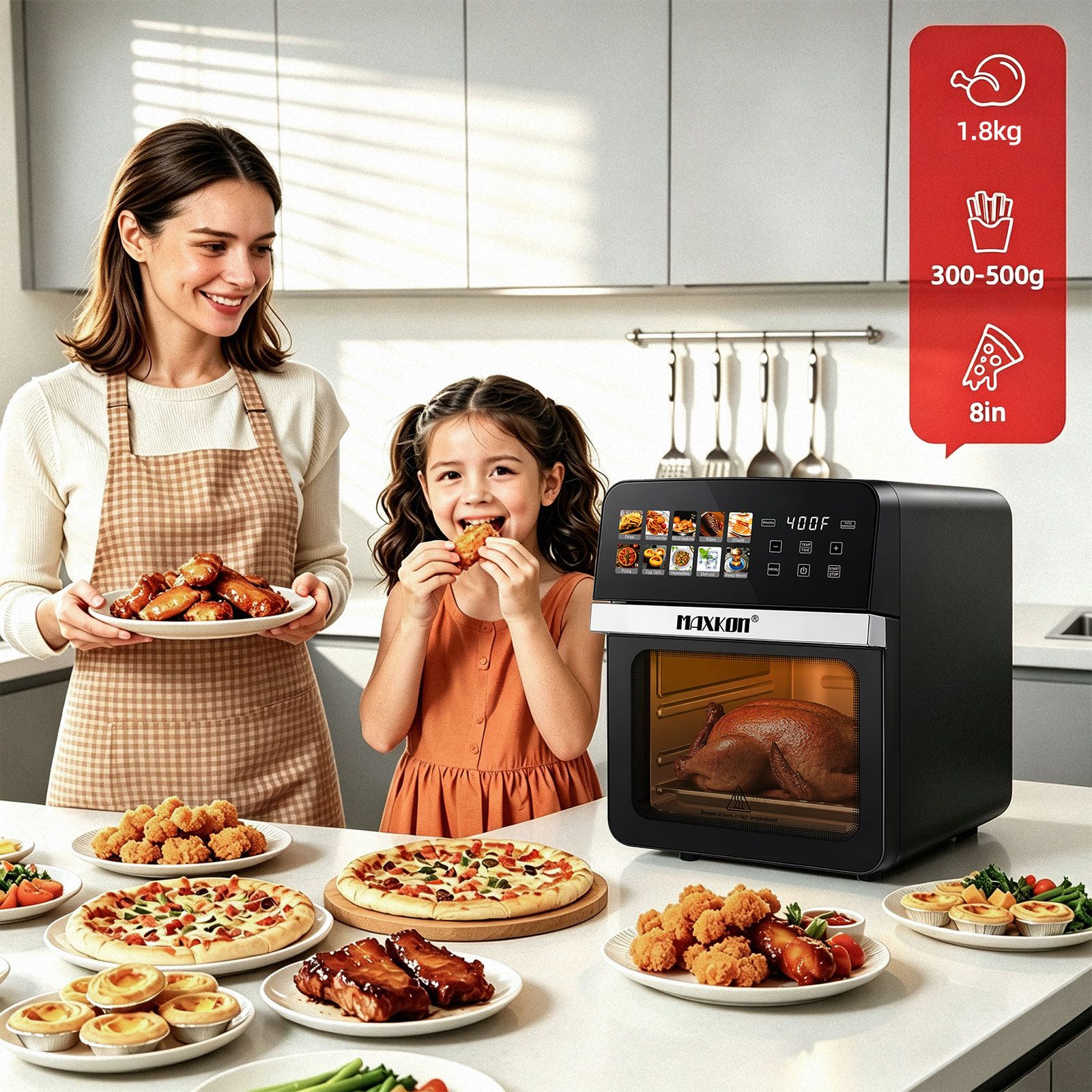 Maxkon 10L Digital Air Fryer Toaster 10 in 1 Countertop Cooker Convection Oven Roaster Baker Keep Warm LED Touch Screen Kitchen Appliance 1800W 2 Trays