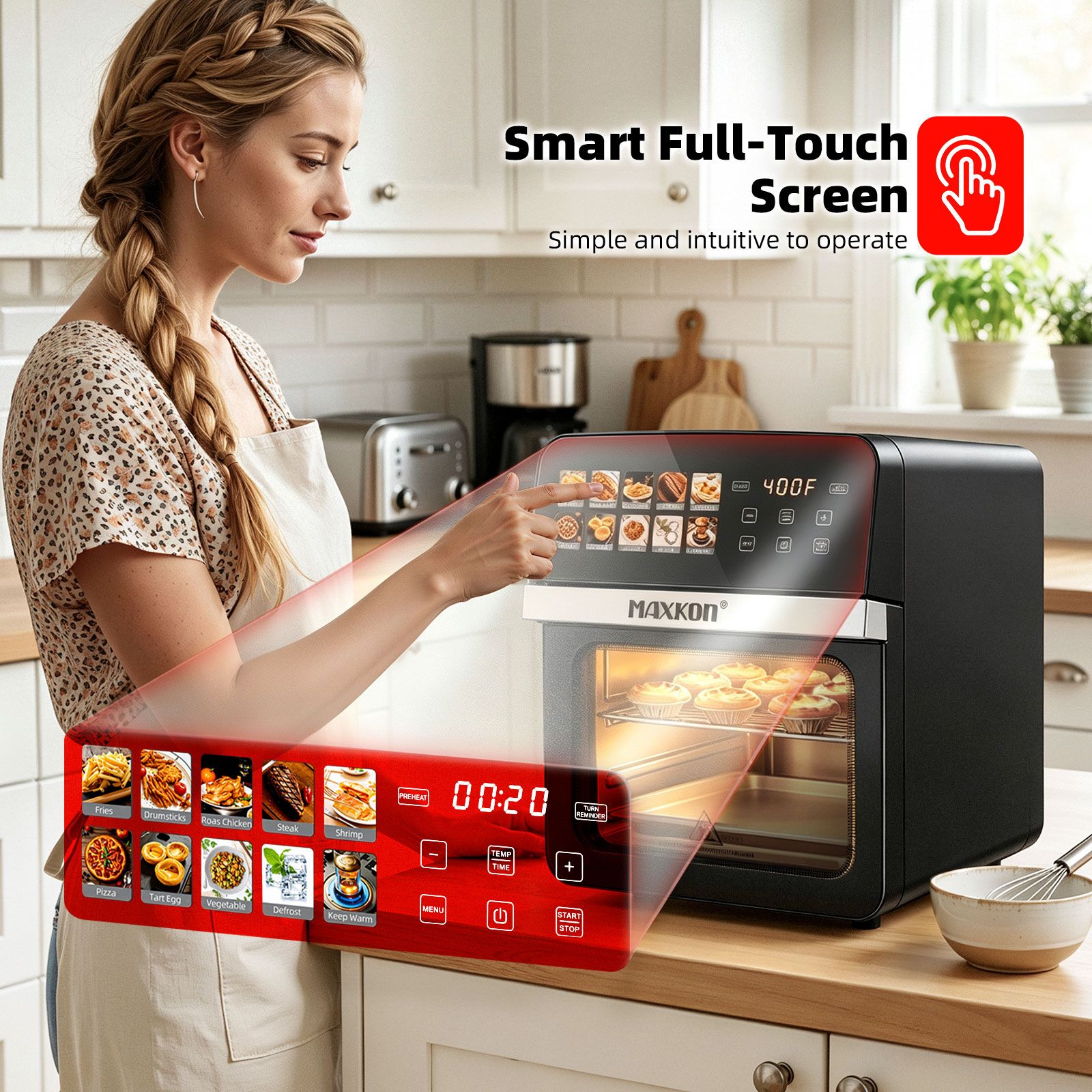 Maxkon 10L Digital Air Fryer Toaster 10 in 1 Countertop Cooker Convection Oven Roaster Baker Keep Warm LED Touch Screen Kitchen Appliance 1800W 2 Trays