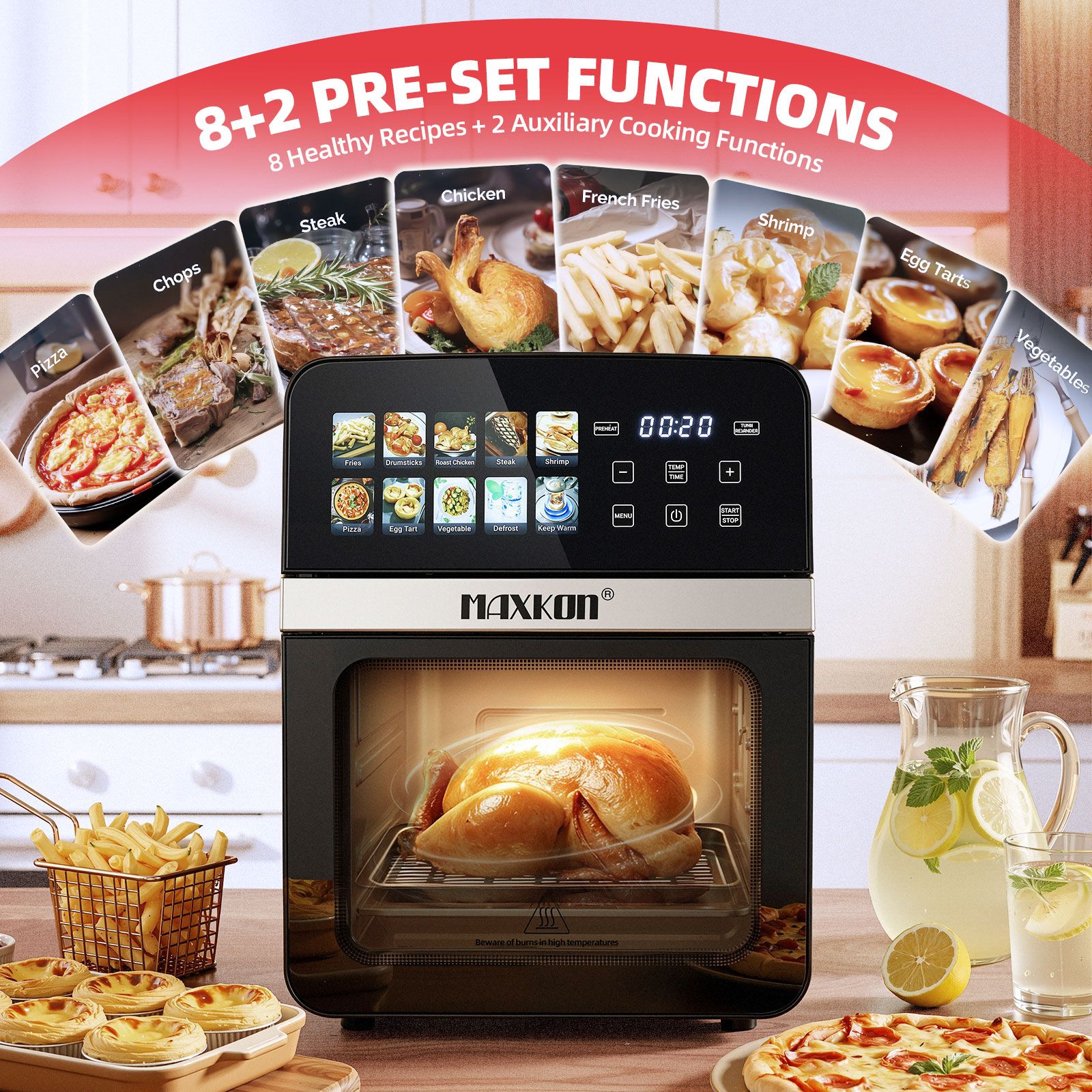 Maxkon 10L Digital Air Fryer Toaster 10 in 1 Countertop Cooker Convection Oven Roaster Baker Keep Warm LED Touch Screen Kitchen Appliance 1800W 2 Trays