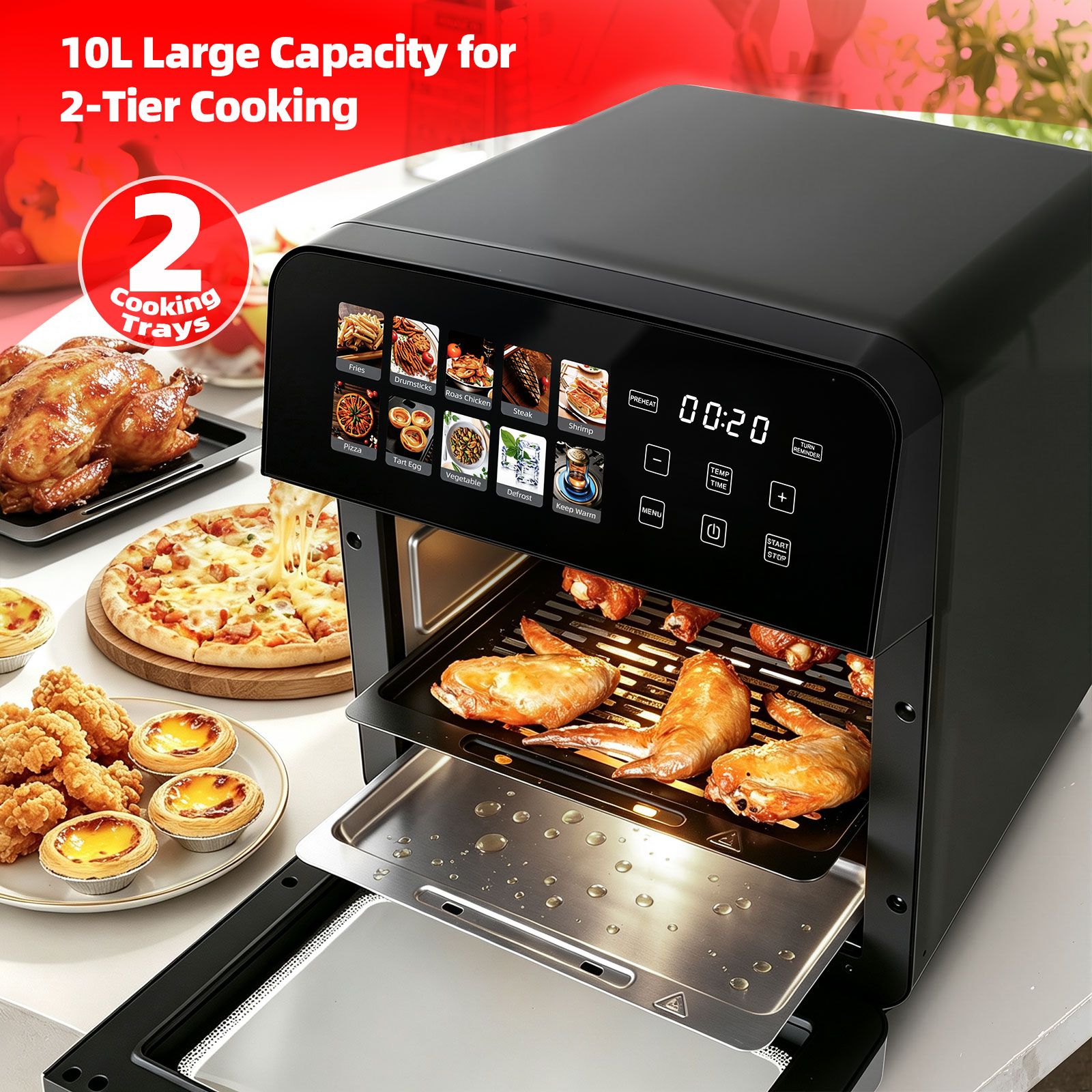Maxkon 10L Digital Air Fryer Toaster 10 in 1 Countertop Cooker Convection Oven Roaster Baker Keep Warm LED Touch Screen Kitchen Appliance 1800W 2 Trays