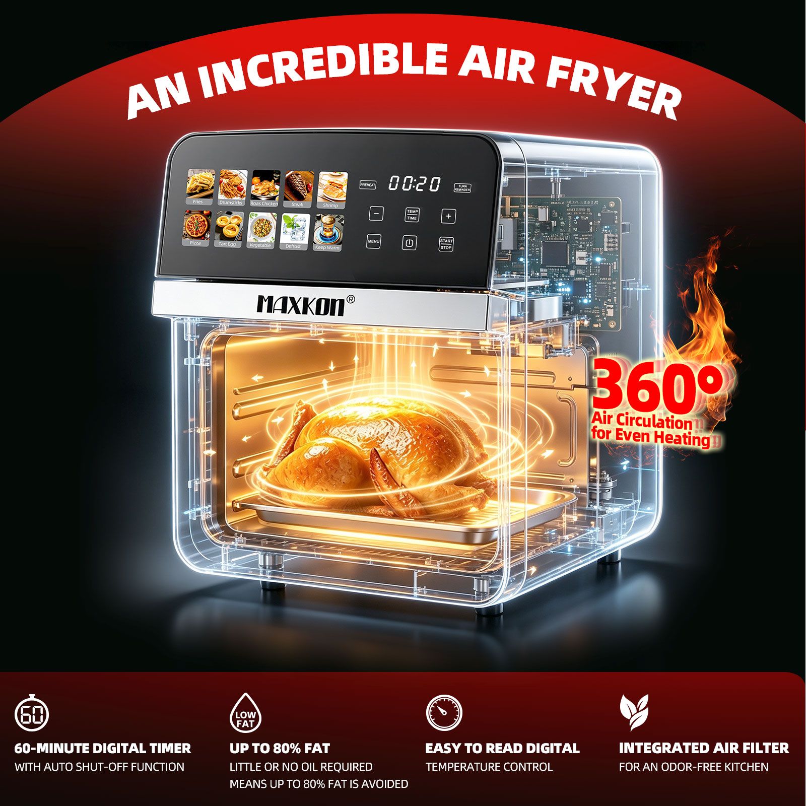 Maxkon 10L Digital Air Fryer Toaster 10 in 1 Countertop Cooker Convection Oven Roaster Baker Keep Warm LED Touch Screen Kitchen Appliance 1800W 2 Trays