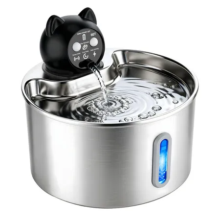Cordless Stainless Steel Cat Water Fountain, 2.2L Quiet Automatic Cat Fountain with 5000mAh Battery 3 Flow Option  for Cats Indoor