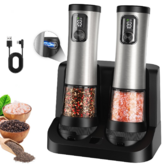 Electric Salt Pepper Grinder Set, Rechargeable Stainless Steel Mills with Charging Base, 2‑Speed, 100ml Capacity, Adjustable Coarseness & LED Light