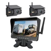 7 inch Monitor with 2Pcs Magnetic Solar Wireless Backup Cameras, Max4 Channels DVR Looping 1080P 9600Amh Rechargeable, Suitable for Truck Trailer Semi RV