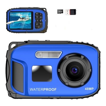 Floating Underwater Kids Camera,4M Waterproof 48MP 1080P,2.4in IPS Screen,Filter & Frame Shooting,32GB SD Card Pool Beach Snorkeling,Blue