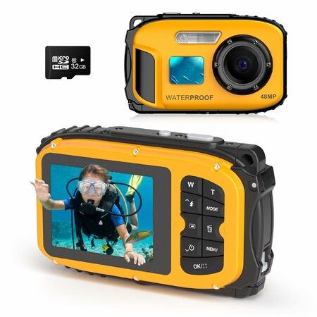 Floating Underwater Kids Camera,4M Waterproof 48MP 1080P,2.4in IPS Screen,Filter & Frame Shooting,32GB SD Card Pool Beach Snorkeling,Yellow