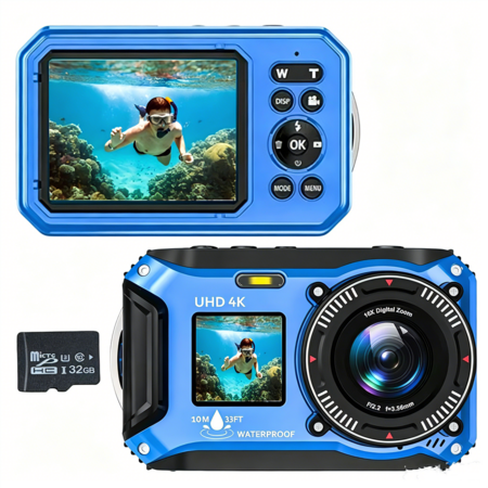 4K Underwater Camera,64MP 33FT Waterproof Dual Screen,16X Digital Zoom with 32GB Card,Floatable Compact Point Shoot for Snorkeling Vacation,Blue