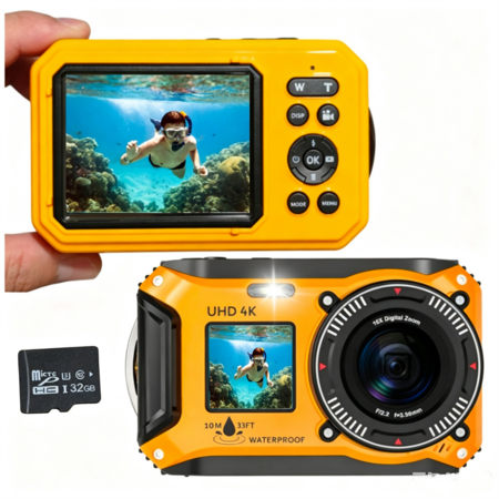 4K Underwater Camera,64MP 33FT Waterproof Dual Screen with 32GB Card,Floatable Compact Point Shoot for Snorkeling Vacation,Yellow