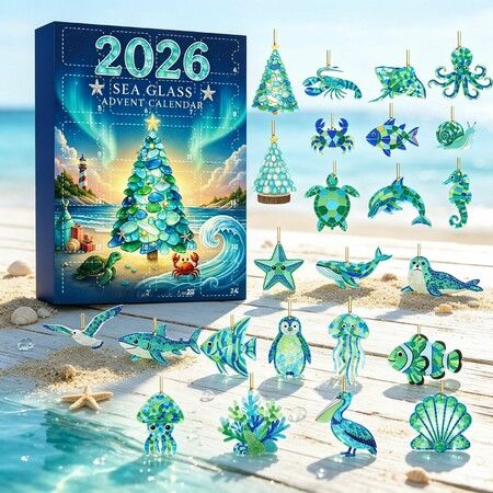 Sea Glass Animals Christmas Advent Calendar 24 Day Countdown With 2D Marine Animal Ornaments For Christmas Tree Home And Holiday Decoration