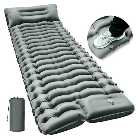 Camping Sleeping Pad, Ultralight Camping Mat with Pillow Built in Foot Pump Inflatable Sleeping Pads Compact for Camping Hiking Traveling, Gray