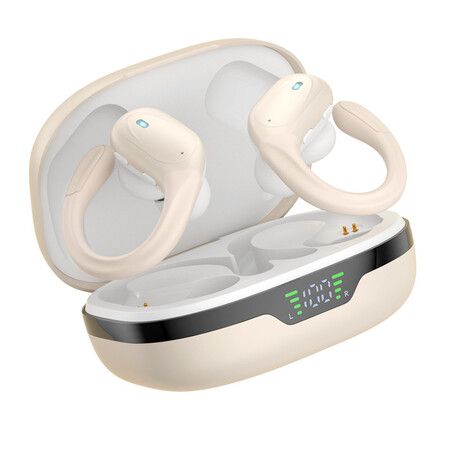 Wireless Earbuds with LED Power Display, IPX5 Waterproof Earphones for Workout, Noise Canceling Headset Ear Buds (Beige)