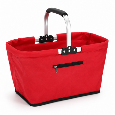 Collapsible Market Basket With Aluminium Frame Large Zip Side Pocket 43 x 27 x 23 cm Foldable Shopping Basket Red