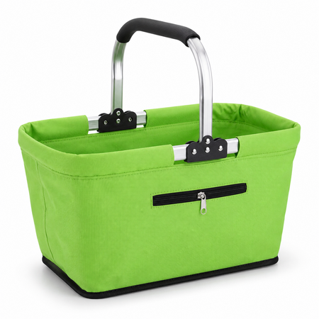 Collapsible Market Basket With Aluminium Frame Large Zip Side Pocket 43 x 27 x 23 cm Foldable Shopping Basket Green