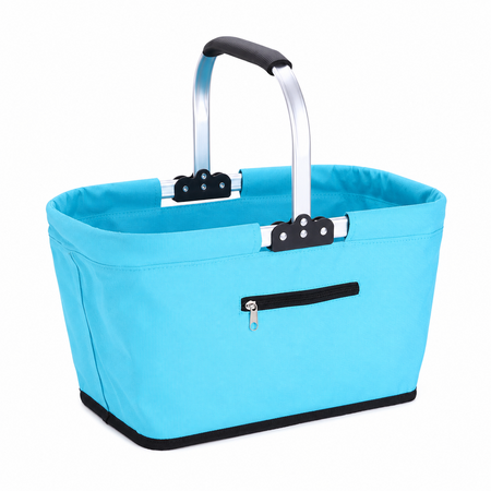 Collapsible Market Basket With Aluminium Frame Large Zip Side Pocket 43 x 27 x 23 cm Foldable Shopping Basket Blue