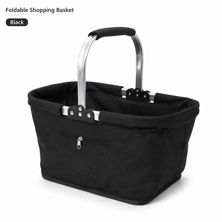 Collapsible Market Basket With Aluminium Frame Large Zip Side Pocket 43 x 27 x 23 cm Foldable Shopping Basket Black