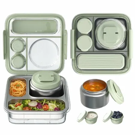 Stainless Steel Bento Lunch Box with 8oz Insulated Food Jar,Ice Pack,Leak-proof,Dishwasher-Safe,Transparent Lid with Sauce Cup and Cutlery Storage