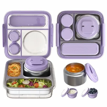 Stainless Steel Bento Lunch Box with 8oz Insulated Food Jar,Ice Pack,Leak-proof,Dishwasher-Safe,Transparent Lid with Sauce Cup and Cutlery Storage