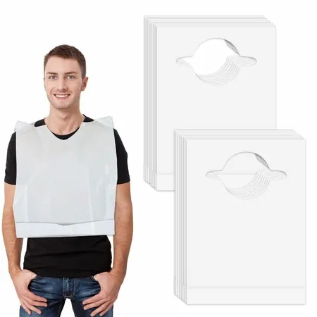 Disposable Clothing Protector 25-Pack, Waterproof Mealtime Bibs with Food Catcher Pocket for Elderly, Senior Men & Women