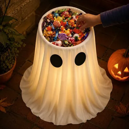 30 Inch Large Capacity Lighted Halloween Ghost Candy Bowl Halloween Candy Bowl for Trick or Treat,Thick Draping Ghost Sheet,Halloween Decorations