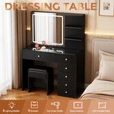 Dressing Table Stool Set Vanity Dresser Black Makeup Desk Bedroom Furniture LED Lighted Mirror 3 Lighting Colours 5 Drawers 2 Shelves Glass Tabletop