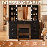 Luxury Makeup Vanity Table Hollywood Mirror Bedroom Dressing Desk Stool Set 10 LED Light 11 Drawers 4 Shelves Folding Storage Panel Dryer Holder Black