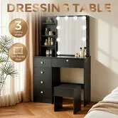 Black Dressing Table and Stool Set Bedroom Dresser Makeup Vanity Desk with 10 LED Lighted Hollywood Mirror 5 Storage Drawer 4 Shelves Modern Furniture