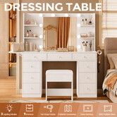 Luxury Dressing Table Stool Set Bedroom Hollywood Mirror 10 LED Light Makeup Vanity Desk 9 Drawers 4 Shelves Foldable Shelf Hair Dryer Holder White