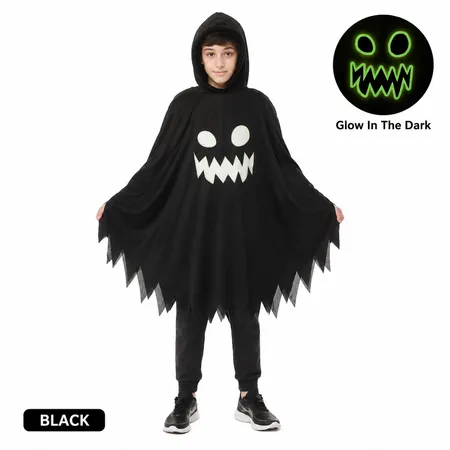 Kids Glow In The Dark Ghost Costume Hooded Ghost Face Cape Halloween Costume For Cosplay Party Fancy Dress Size S