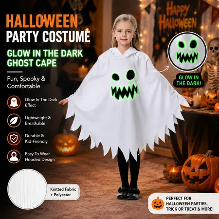 Kids Glow In The Dark Ghost Costume Hooded Ghost Face Cape Halloween Costume For Cosplay Party Fancy Dress Size M