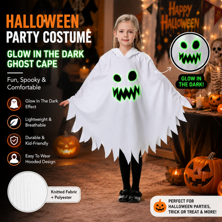 Kids Glow In The Dark Ghost Costume Hooded Ghost Face Cape Halloween Costume For Cosplay Party Fancy Dress Size S