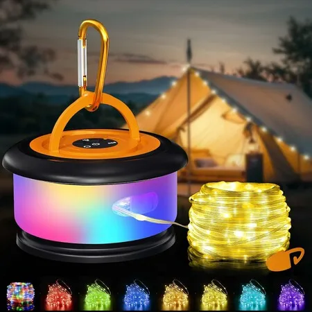 Camping String Lights, Retractable 10Meters Rechargeable Fairy Light, Quick Storage RGB Flash Lamp Outdoor Waterproof for Outside Tent, Black