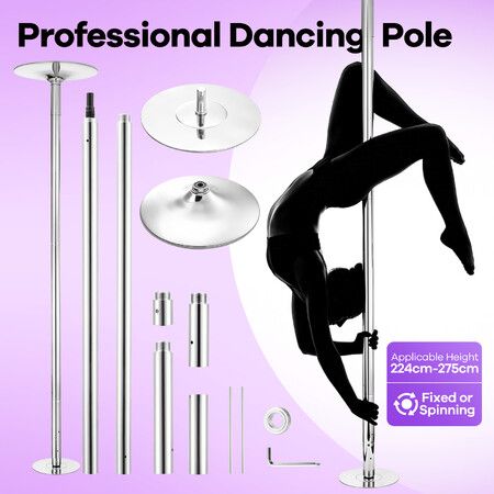 2 in 1 Dance Pole Kit Spinning Static Dancing Stripper Home Exercise Gym Studio Fitness Equipment Height Adjustable 224-275cm Removable 200kg Steel