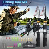 2.3m Fishing Rod and Reel Combo Gear Set Telescopic Spinning Reels Tackle Box Soft Lures Hooks Carry Bag Portable Kit for Sea Saltwater Freshwater