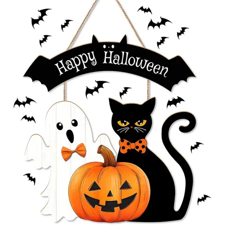 Halloween Decorations Wooden Hanging Welcome Sign for Front Door, Home Wall Decor, Cute Ghost, Black Cat, Pumpkin, Durable Fall Wreaths, for Horror Party