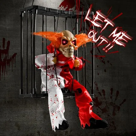Screaming Halloween Decorations, Clown Scary Skull Cage Prop with Motion Activated, Spooky Hanging Ghost Light Up Eyes for Haunted House Decor