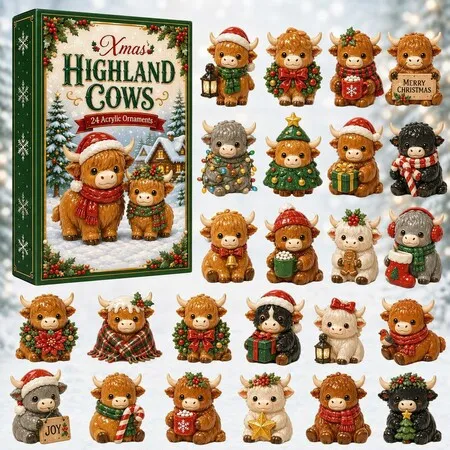 High Land Cow Christmas Advent Calendar 2026 Blind Box Countdown  2D Acrylic Christmas Tree ornaments Surprise Figures Holiday Decoration