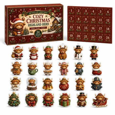 High Land Cow Christmas Advent Calendar 2026 Blind Box Countdown  2D Acrylic Christmas Tree ornaments Surprise Figures Holiday Decoration