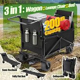3 in 1 Folding Wagon Cart Convertible Lounge Chair Bed Collapsible Utility Shopping Grocery Trolley 200kg Portable Camping Beach Garden Outdoor Barrow