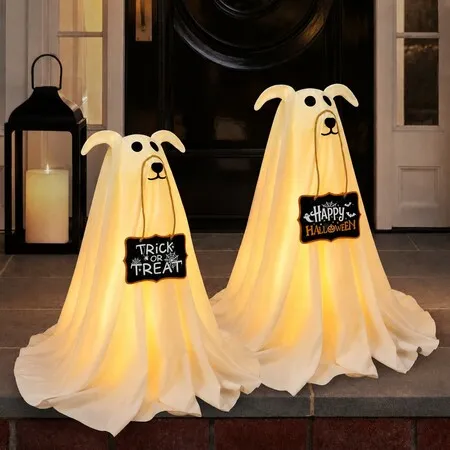 Halloween Decorations,2.3 FT Light-Up Ghost Dog with Trick or Treat Sign 2Pack