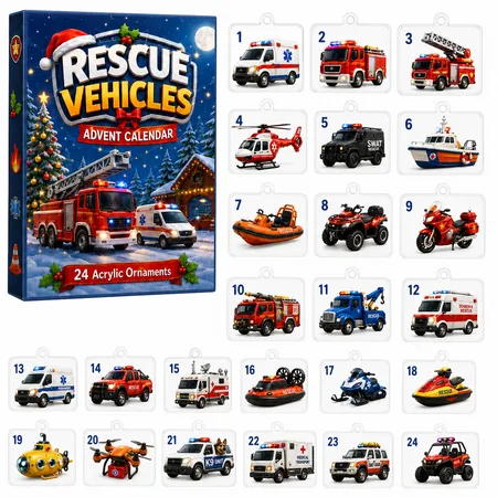 RESCUE VEHICLES 24DAYS Christmas Advent Calendar 2026 Blind Box Countdown 2D Acrylic Christmas Tree ornaments Surprise Figures Holiday Decoration