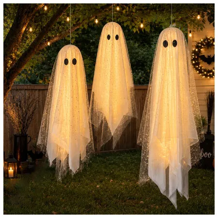 Halloween Decorations Outdoor/Indoor-3Pcs Hanging Ghost Decor with Light,Halloween Ornaments,Halloween Decor for Porch,Tree,Yard,Window,Garden