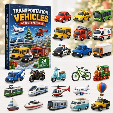 Transportation Vehicles  24DAYS Christmas Advent Calendar 2026 Blind Box Countdown  2D Acrylic Christmas Tree ornaments Surprise Figures Holiday Decoration