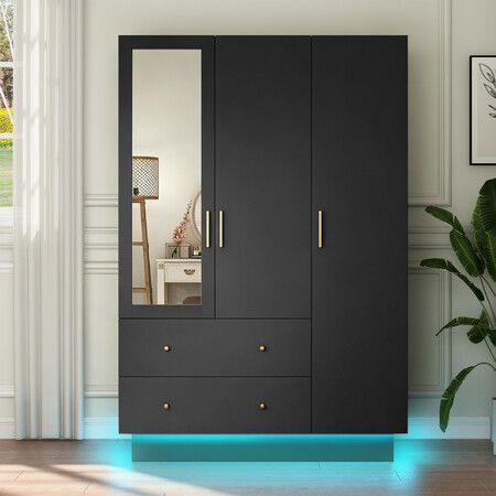 Mirrored Wardrobe with LED Lights Full Length Mirror 3 Door Cabinet 2 Drawer Dresser Bedroom Clothes Storage Organiser Cupboard Armoire Closet 180cm