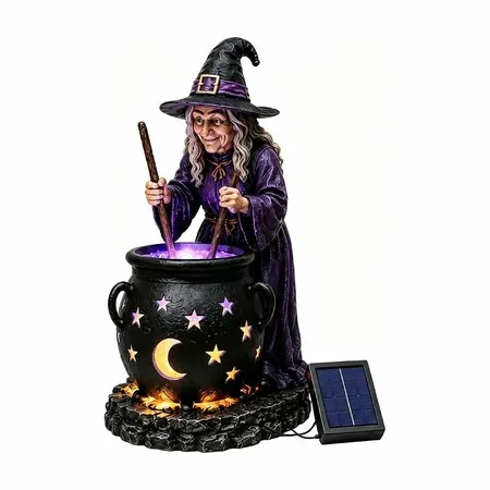 Solar Witch Statue with Glowing Cauldron,Outdoor Halloween Garden Light Solar Powered Resin Decorative Figurine Light